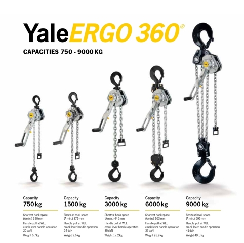Pákový kladkostroj Yale ERGO 360 má štandardný zdvih 1,5 m (ak Vám nestačí zdvih 1,5 m, vieme Vám upraviť dĺžku reťaze podľa Vašich požiadaviek).
